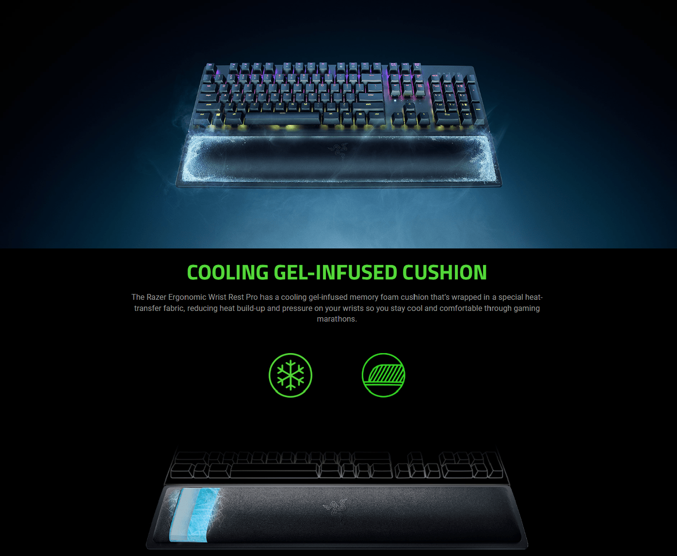 Razer™ Ergonomic Cooling Gel-Infused Wrist Rest For Full-sized Keyboards